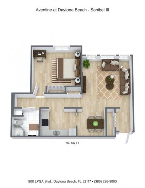 Floor plan for 1 bed, 1 bath, 760 sqft
